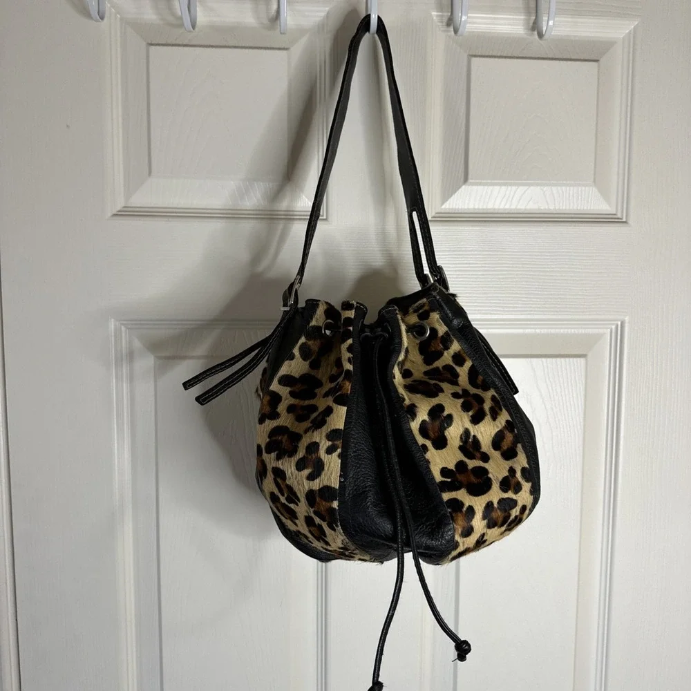 Divina Firenze Calf Hair Leopard Print Pouch Drawstring Bucket Bag Italy